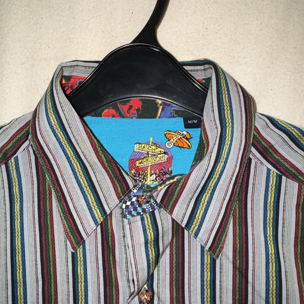 Robert Graham Stripe Button Up Shirt M Colorful Flip Cuff Paisley Silk Trim